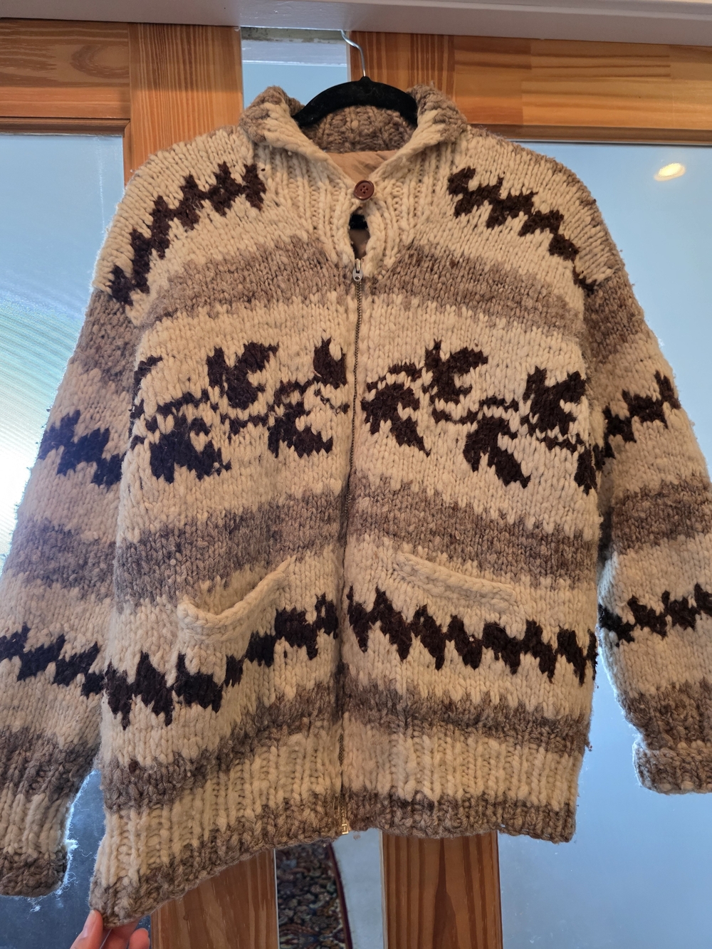 Chunky Cream & Brown Patterned Men's Zip Sweater
